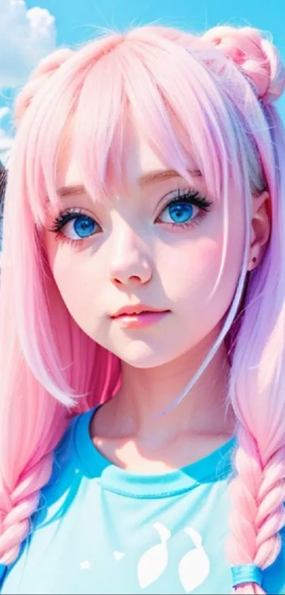 Anime girl with pink hair and blue shirt in sunny anime wallpaper.