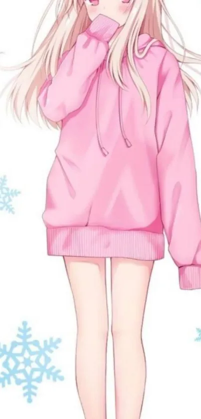 Anime girl in pink hoodie with snowflakes background.