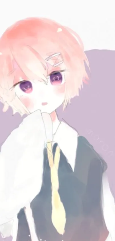 Anime character with pink hair and purple eyes in pastel style wallpaper.