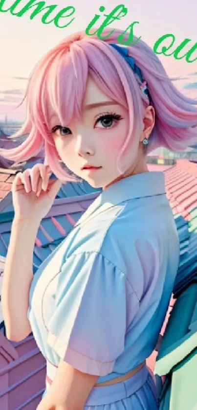 Anime character on pastel rooftop with vibrant colors.