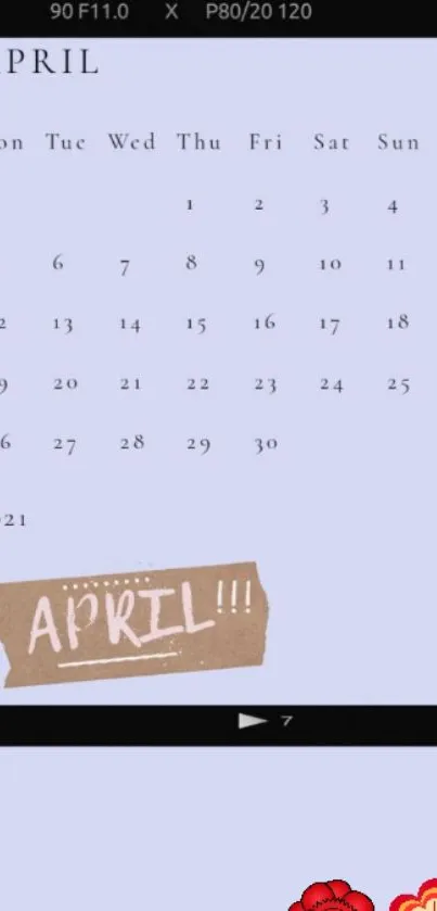 Minimalist April 2021 calendar with pastel hues and decorative stickers.