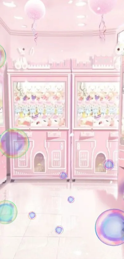 Whimsical pastel pink arcade with bubbles.