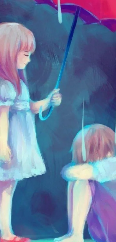 Illustration of girl with umbrella over a friend in pastel colors.