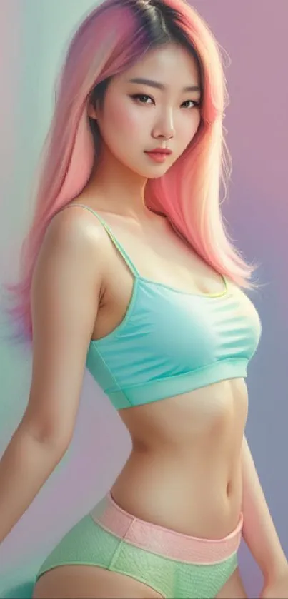 Pastel pink-haired woman in stylish athletic wear against a colorful background.