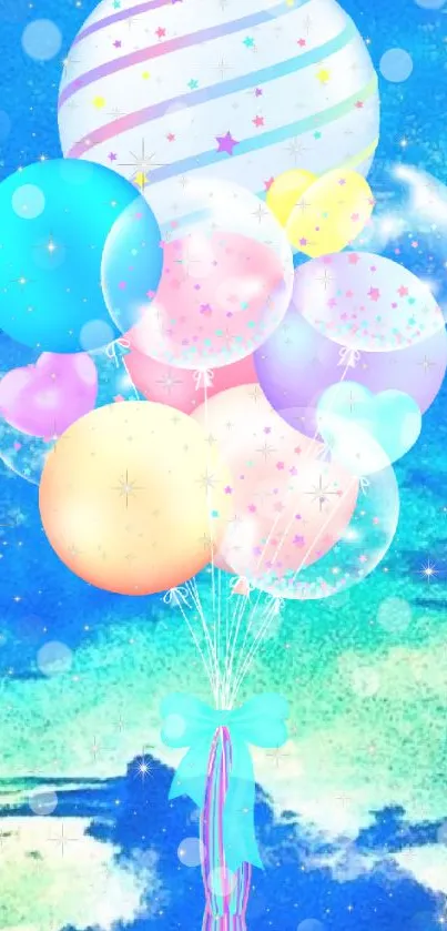 Floating pastel balloons against a blue sky background.