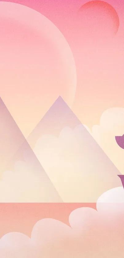 Pastel bear with geometric mountains and clouds in a pink hue.