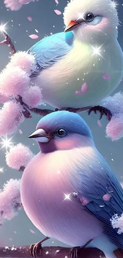 Two pastel birds on cherry blossom branches, creating a serene mobile wallpaper.