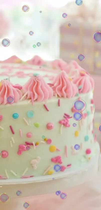 Pastel cake with sprinkles and bubbles in soft focus.