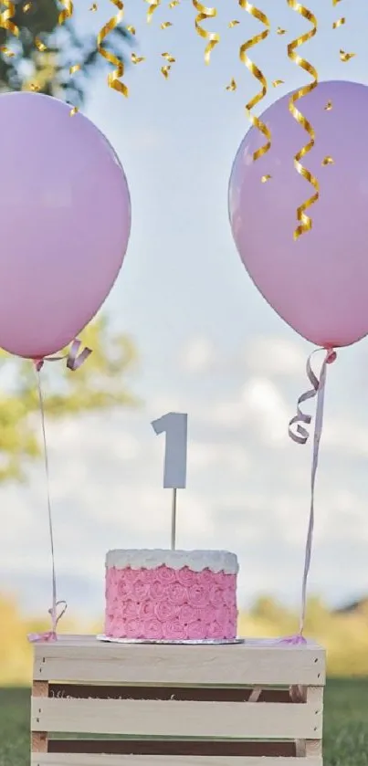 Pastel birthday scene with balloons and cake outdoors.