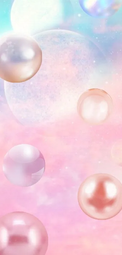 Colorful pastel bubbles on a dreamy pink background.