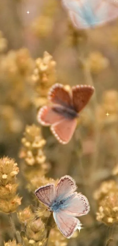 Butterflies flutter above soft beige flowers in a pastel backdrop.