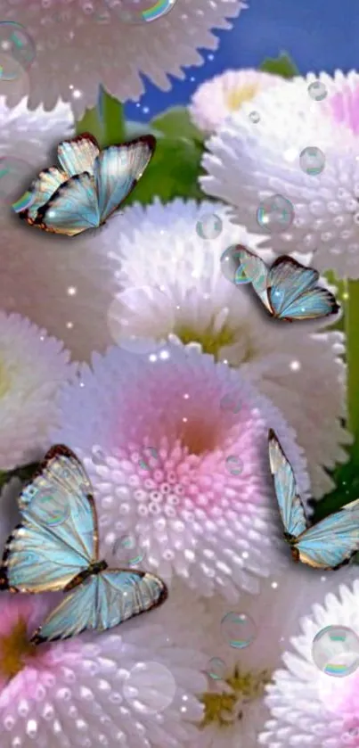 Blue butterflies on pastel flowers wallpaper with bubbles.