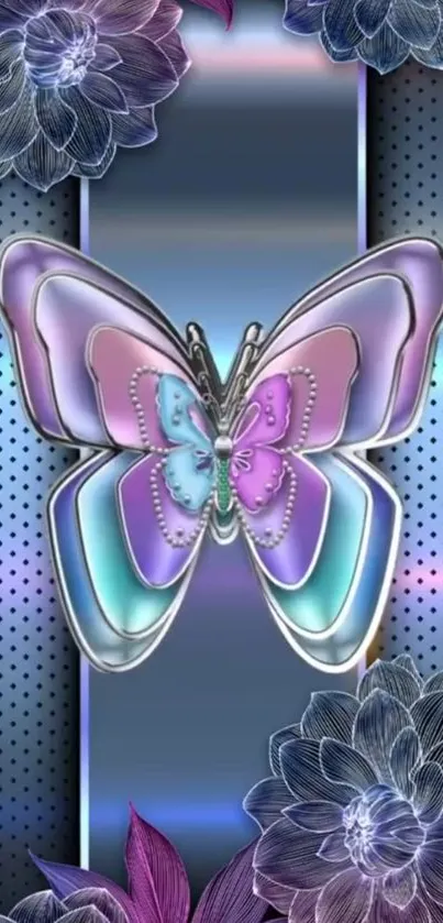 Elegant metallic butterfly with floral accents on a pastel-colored background.