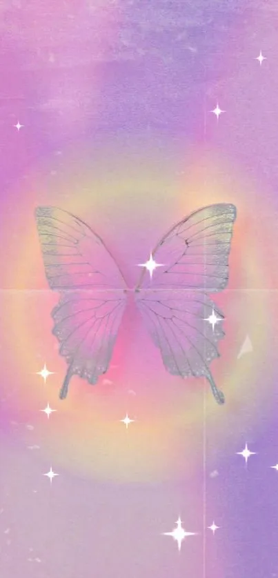 Pastel butterfly with dreamy rainbow hues on phone wallpaper.