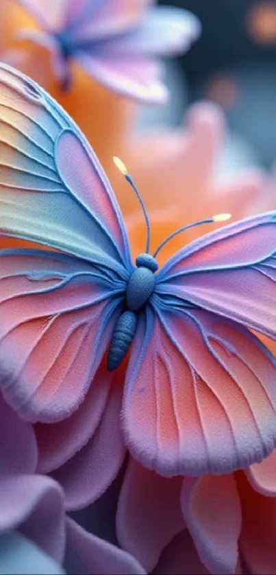 Pastel butterfly resting on vibrant flowers.