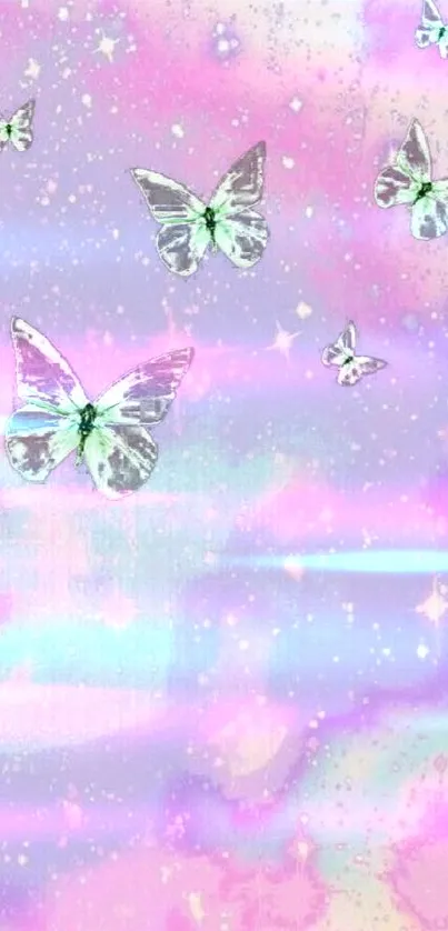 Pastel galaxy wallpaper with silver butterflies.