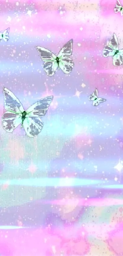 Mobile wallpaper with pastel butterflies and a dreamy pink-purple sky.