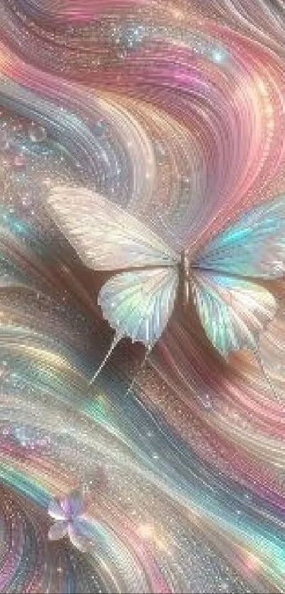 Colorful butterfly on pastel swirl background art.