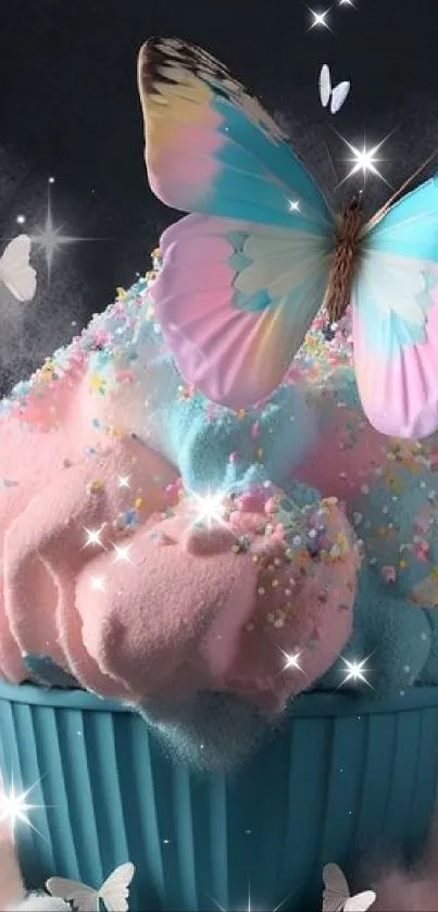 Whimsical pastel cupcake with butterfly and soft hues.