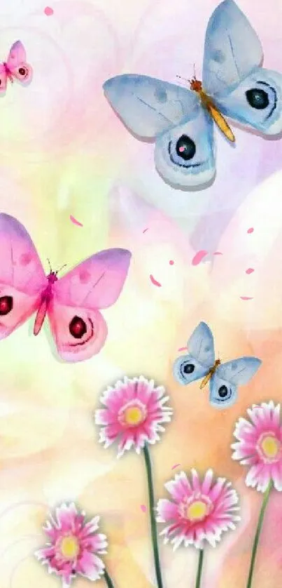 Butterflies and flowers in pastel colors on wallpaper.