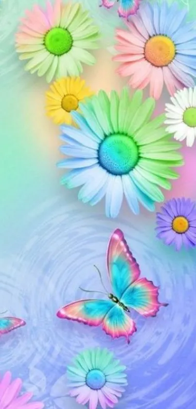 Pastel butterfly and floral mobile wallpaper in soft shades of blue and green.