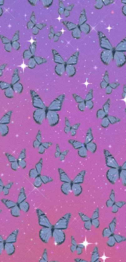 Blue butterflies on a pink and purple starry gradient background.