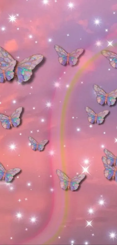 Butterflies flutter across a pastel pink sky, creating a dreamy ambiance.