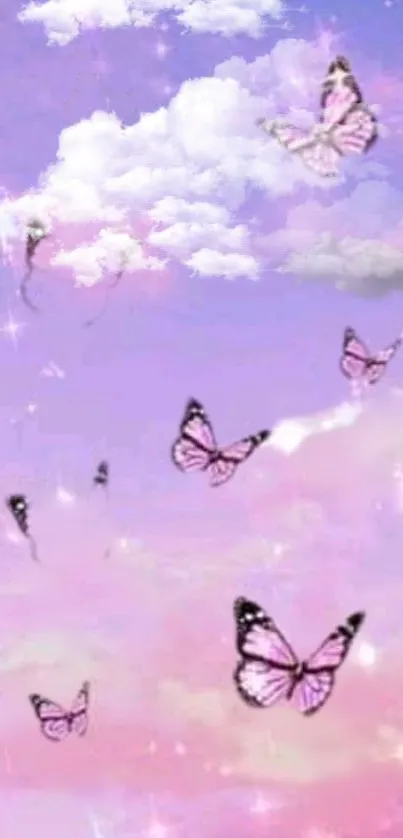 Pink butterflies fluttering in a pastel sky with clouds.