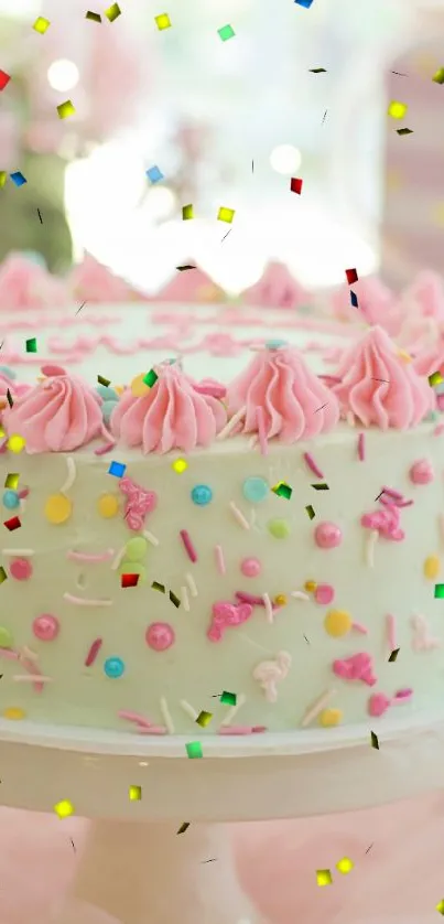 Pastel pink cake with sprinkles and gift boxes.