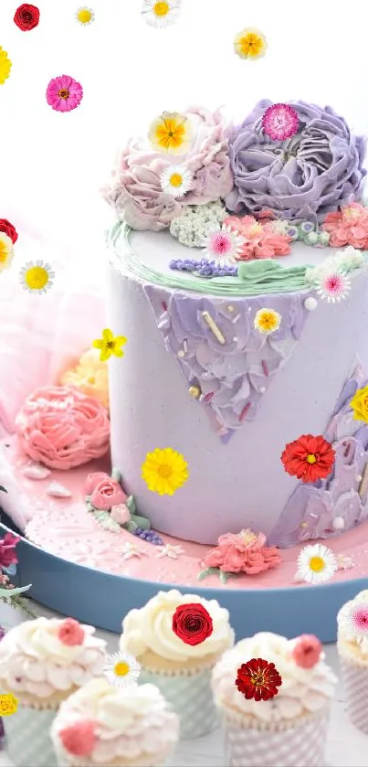 Pastel cake with floral designs and cupcakes.