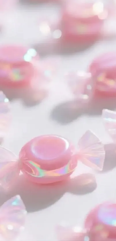 Pastel pink candy with shiny wrapper on a soft background.