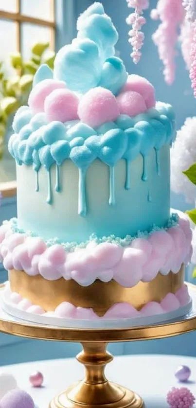 Pastel cake with ice cream cone design and cotton candy colors.