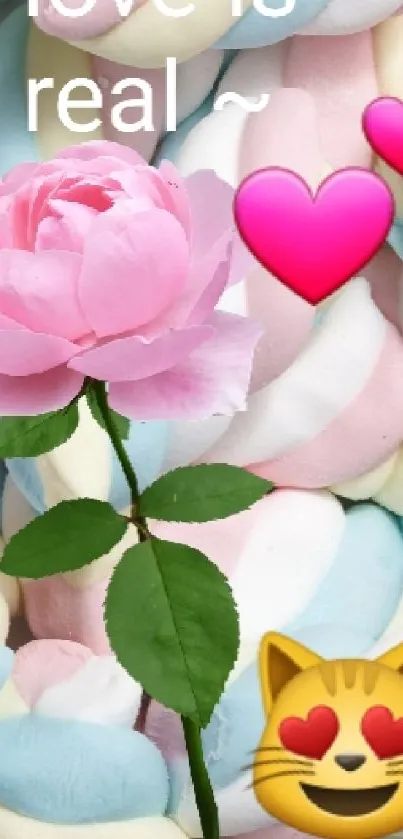 Pastel marshmallow background with pink rose and heart emojis.