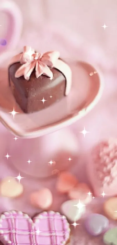 Mobile wallpaper featuring pastel heart-shaped candies and a chocolate accent.