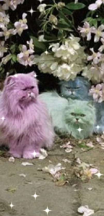 Fluffy pastel-colored cats in a whimsical garden setting.