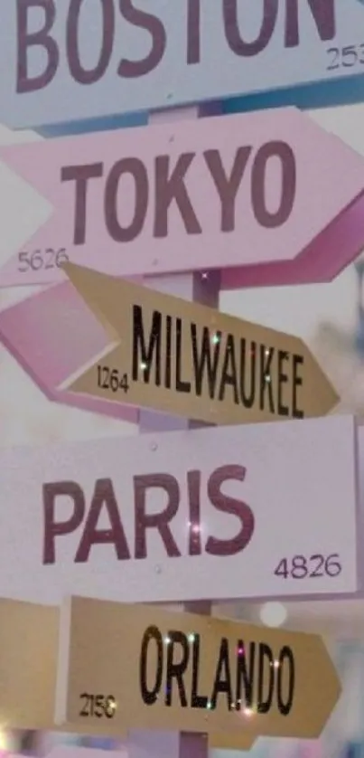 Pastel signpost with city names including Tokyo and Paris.