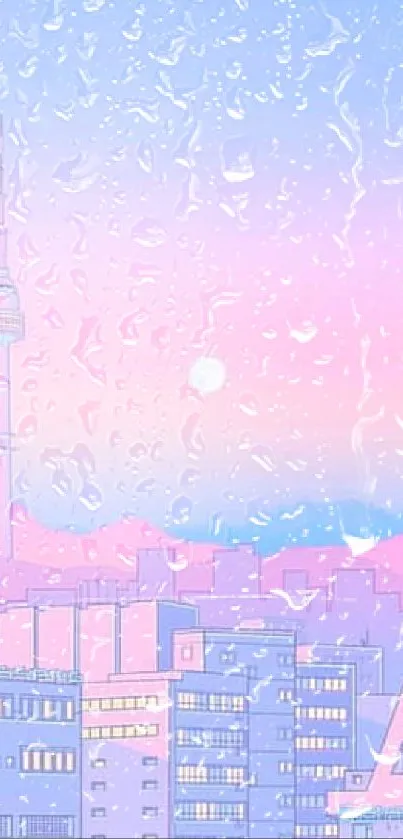 Pastel cityscape with a tower at dusk in blue and pink hues.