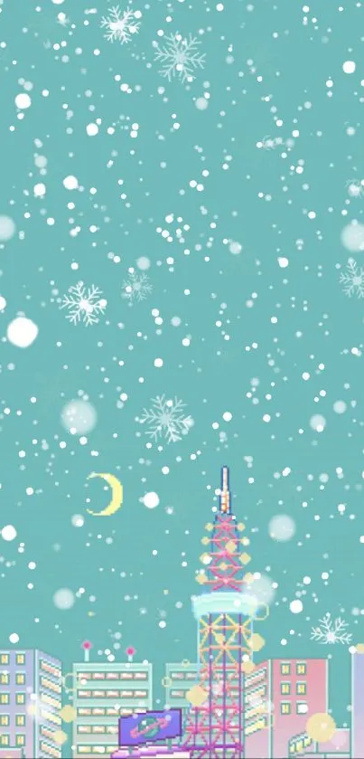 Pastel cityscape with snowflakes and a tower under a teal sky.