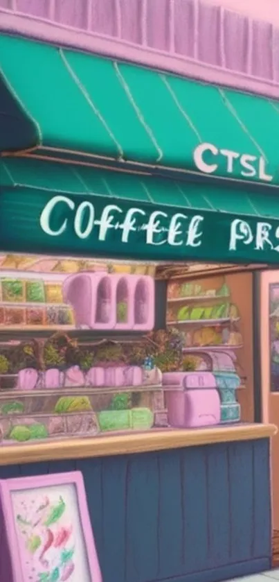 Pastel coffee shop illustration with pink and mint hues.