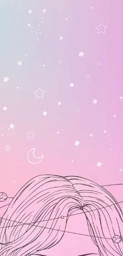 Pastel cosmic theme wallpaper with stars and planets.