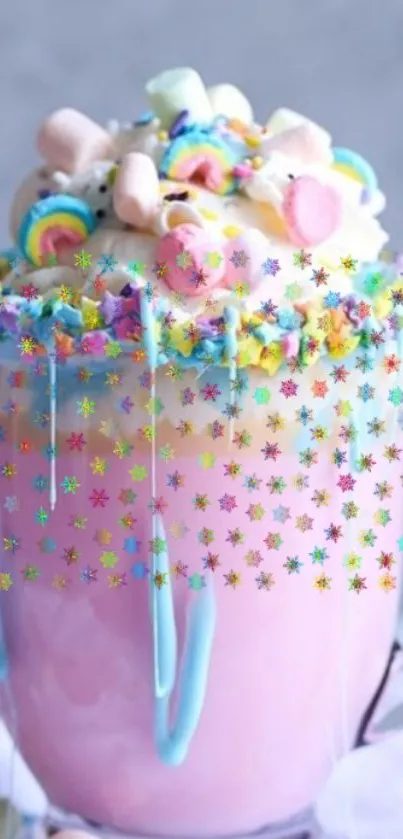 Whimsical pastel mug topped with colorful candies.