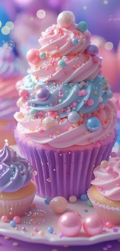 Whimsical pastel cupcakes artfully decorated with sprinkles.