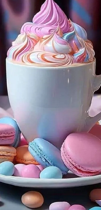 Pastel coffee cup with colorful macarons