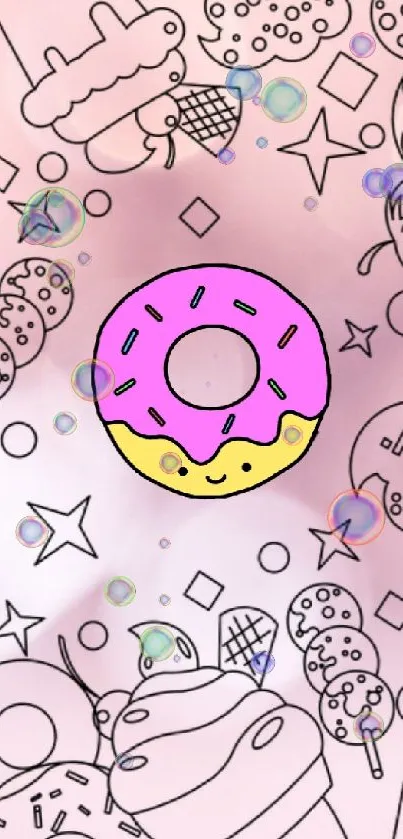 Pastel donut art wallpaper with light pink background.