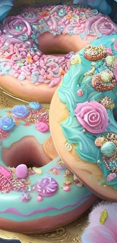 Pastel donuts with detailed icing and vibrant colors on a colorful background.