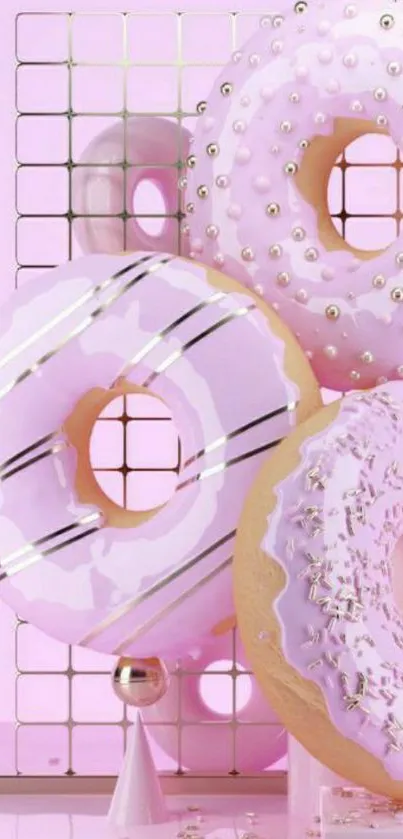 Pink donut wallpaper with grid and decorations.