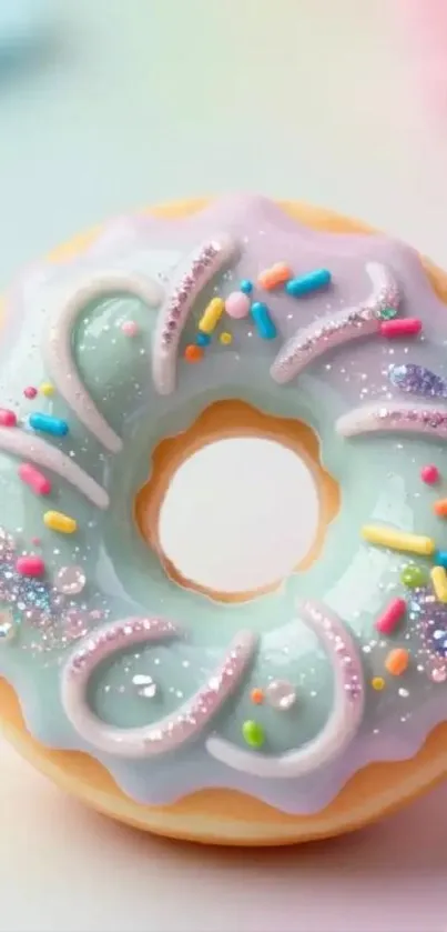 Pastel donut with colorful sprinkles on mobile wallpaper.