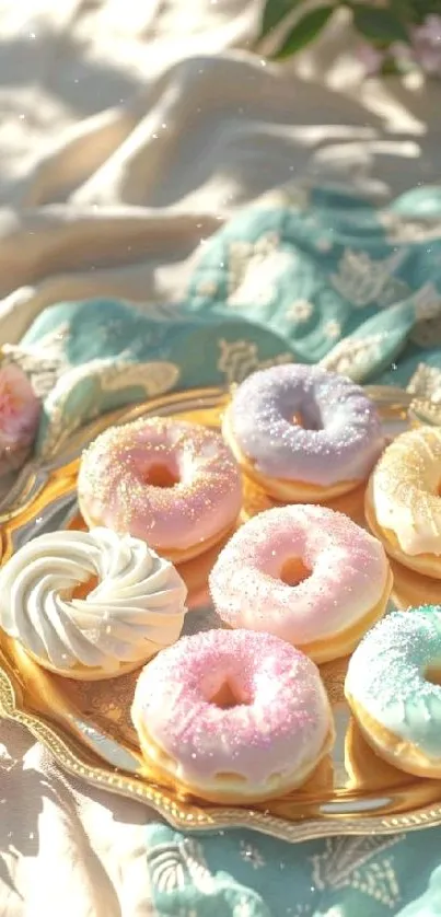 Pastel-colored donuts on a golden tray with floral decor.