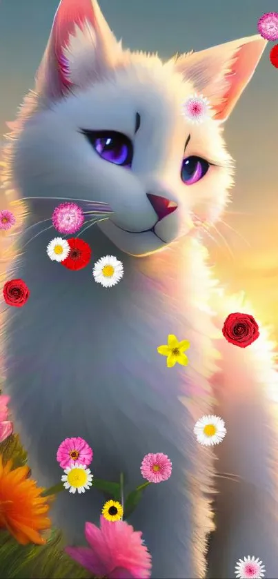 White cat in a vibrant flower meadow with a pastel sunset.