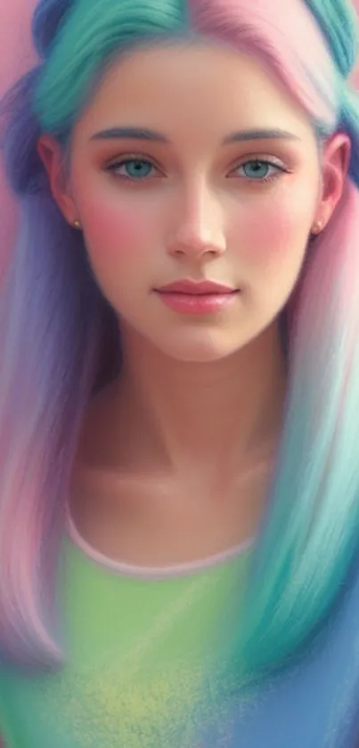 Dreamy pastel rainbow hair girl portrait wallpaper.